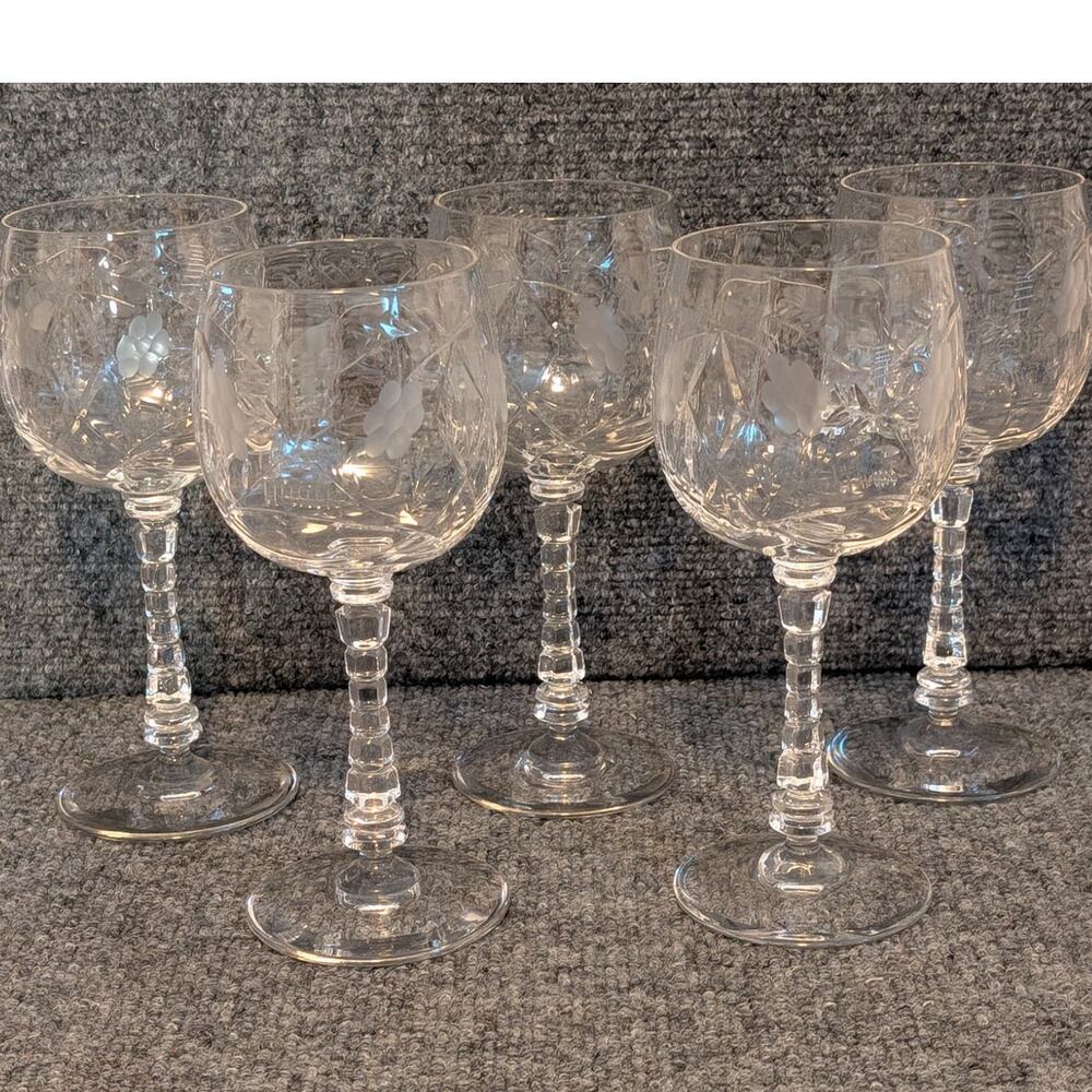Vintage Libbey Rock Sharpe Atlantis Blown Glass Stemmed Water Goblet Set of Five